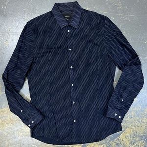 H&M Premium Cotton Button Down Shirt Medium Navy Blue Polka Dots Dress